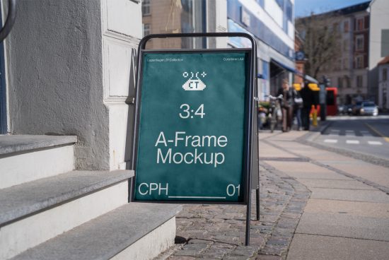 Urban street scene with A-Frame sign mockup for outdoor advertising, realistic city environment, sidewalk display, designer mockups.